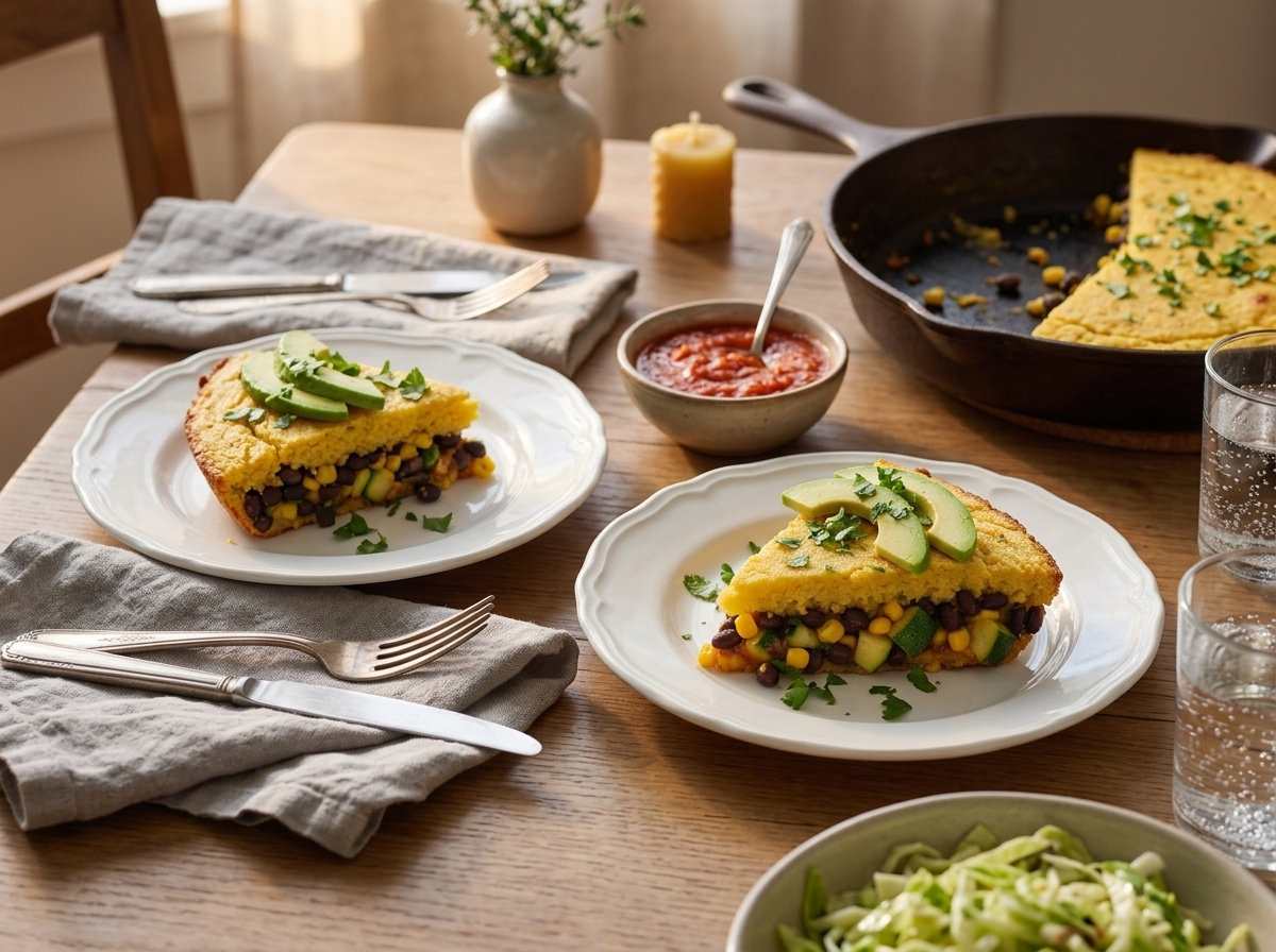 Two plates of pie wedges with sliced avocado and lime on a linen-covered table set for a weeknight dinner