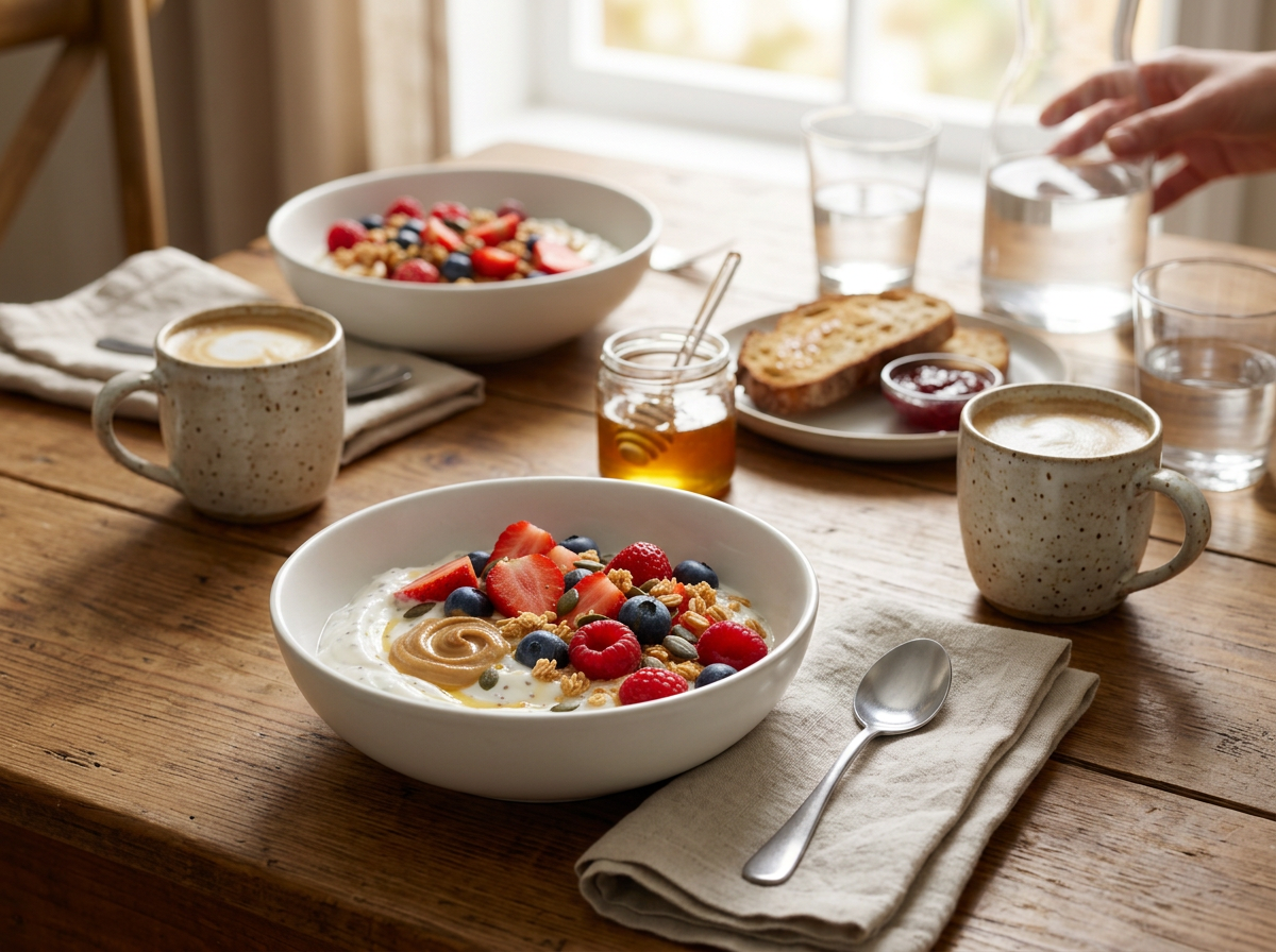 Two breakfast bowls on a wooden table with coffee mugs, linen napkins and morning light from a window