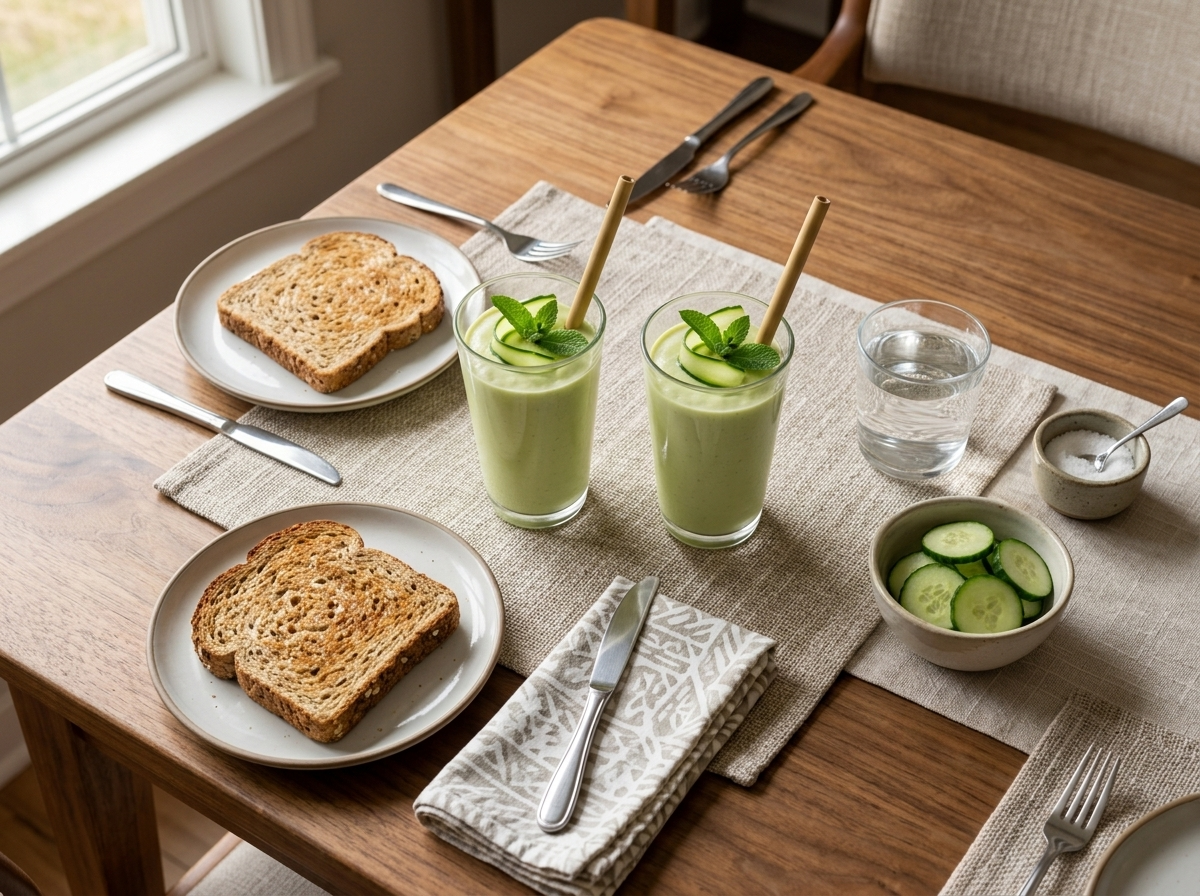 Two glasses with reusable straws on a sunny breakfast table next to buttered toast and a linen napkin