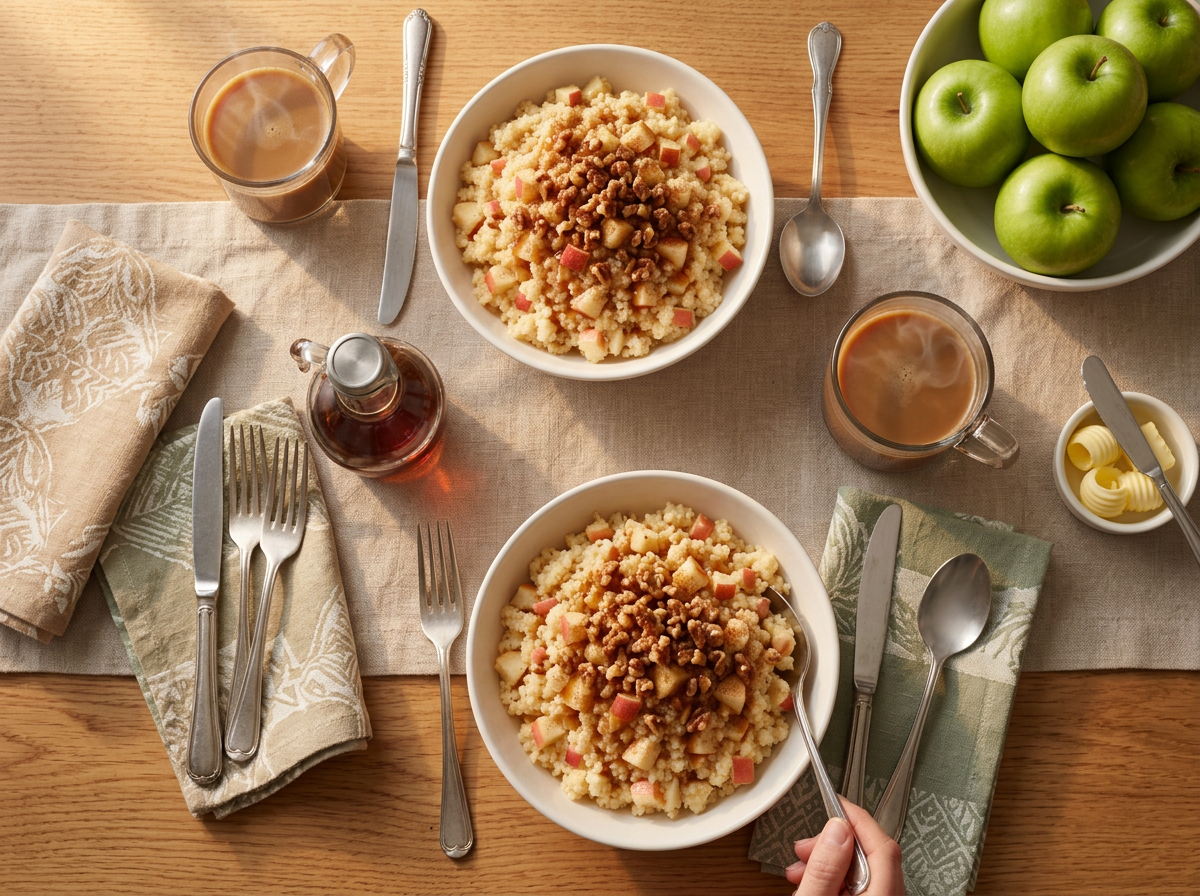Two breakfast bowls on a linen-covered table beside coffee mugs and a small jug of maple syrup