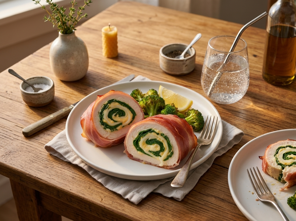 Weeknight dinner table set for two with sliced rolls, roasted broccoli, linen napkins and a lemon wedge