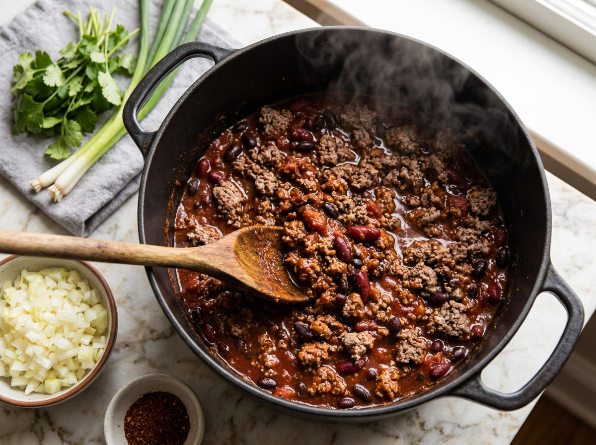 Ground venison crumbles browning in a dark Dutch oven while a wooden spoon breaks up the meat